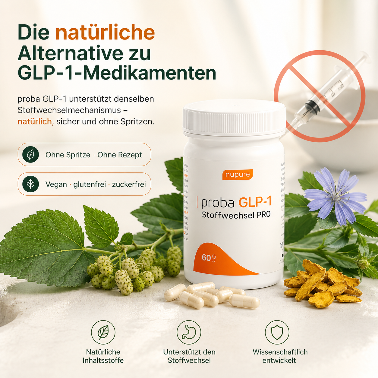 Die natürliche Alternative zu GLP-1-Medikamenten — proba GLP-1, ohne Spritze, ohne Rezept, vegan, glutenfrei, zuckerfrei